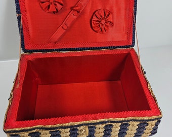 vtg mid century Wicker Sewing Basket, red satin tufted fabric interior // 11.5 x 8.5 x 6.5 inches