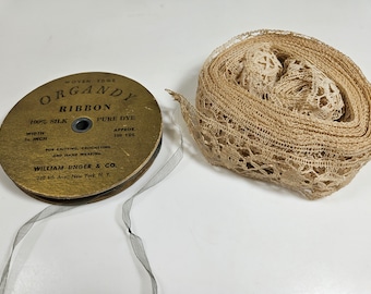 For choice: 100 yd roll antique 100% silk ribbon 0.25 inch wide OR long length antique cotton lace ribbon 1.4 inch wide