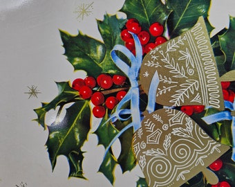 vtg MCM metal Christmas tray with starbursts, holly and bells // 14.5 x 11 inches