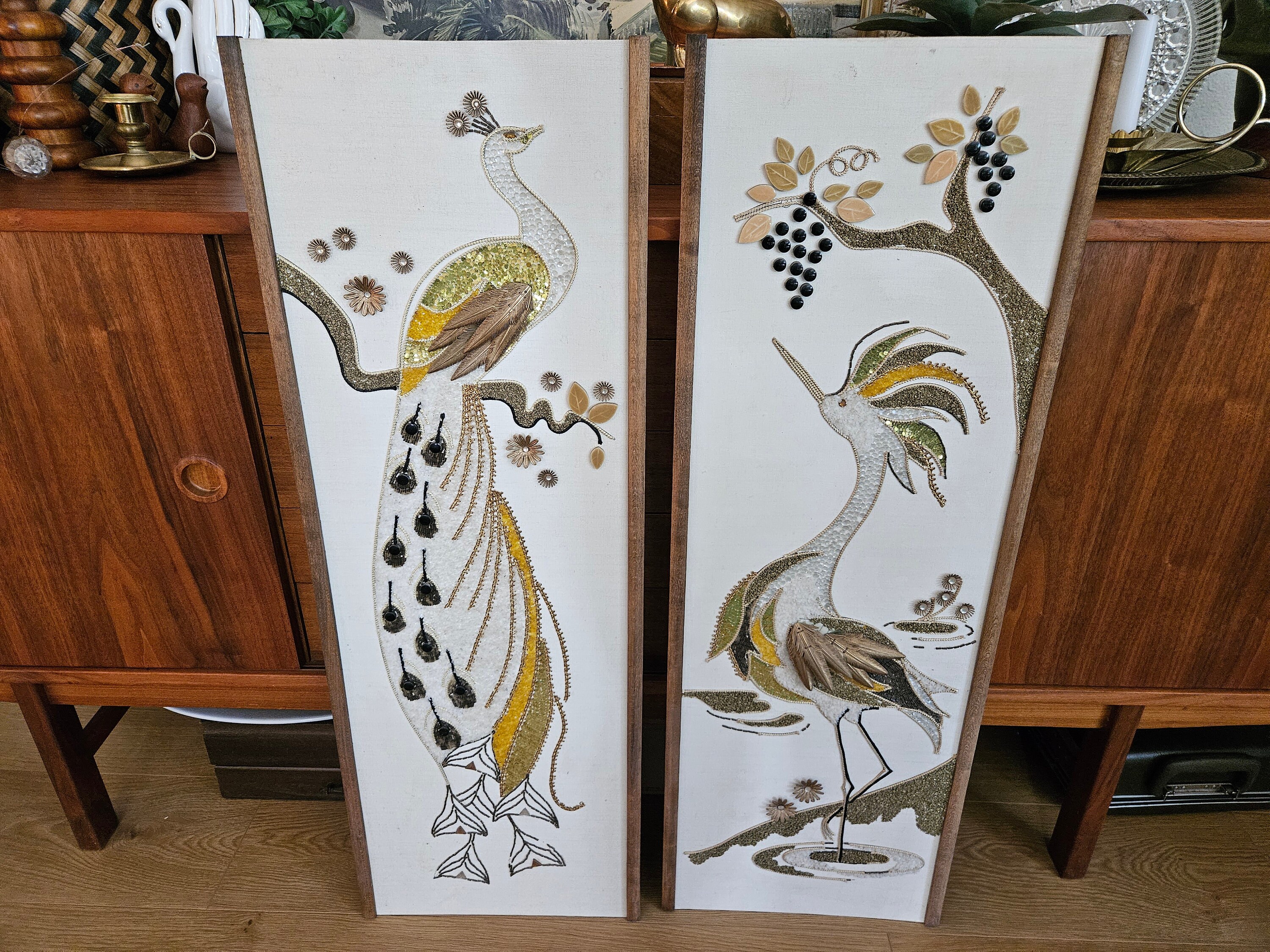 PAIR Vtg Mid Century Gravel Art Wall Hangings, Birds // Each