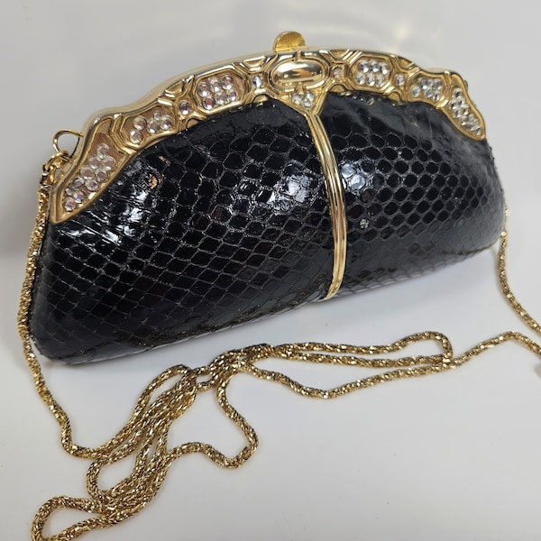 vtg 1960s black handbag, Giorgio Beverly Hills // genuine snakeskin, hard-sided, hinges // 7 x 3 x 2.5" interior // Mid Century evening bag