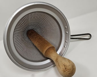 vtg Aluminum Cone Strainer with Wooden Pestle Masher // colander 8.5" tall x 7.5" wide