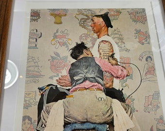 vtg Norman Rockwell print, The Tatooist // 1944 Post magazine cover // original in Brooklyn Museum // framed 16.5 x 13.5 inches