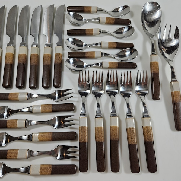 25 piece vtg Denby silverware, ceramic and stainless // Touchstone Agate // 11 forks, 6 knives, 6 spoons, 2 serving pieces