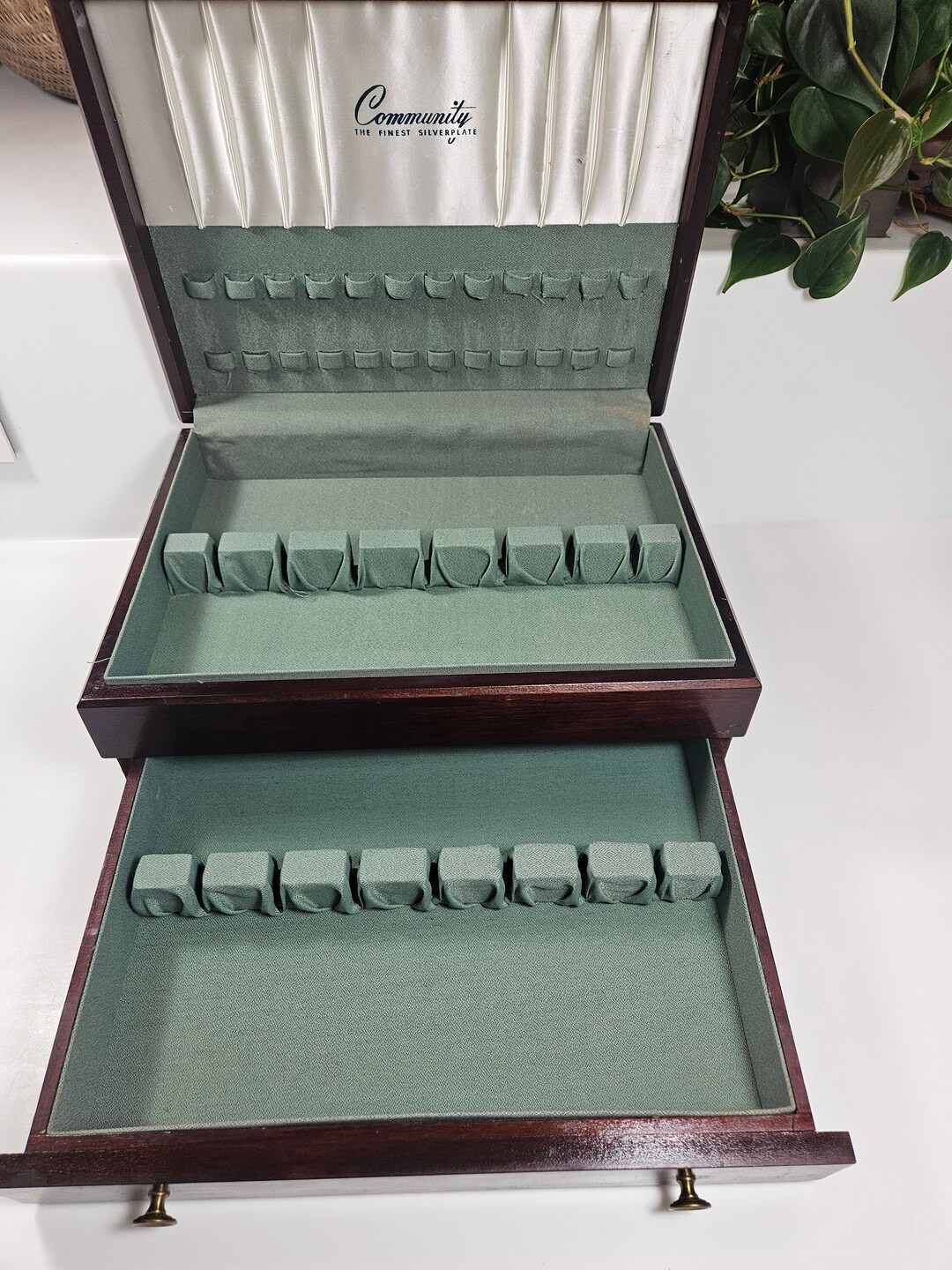 Vtg Wood Silverware Storage Box, Fabric Lined // Cutlery Storage // 2