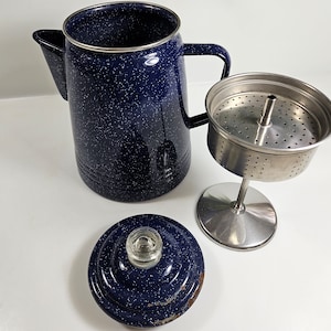 vtg blue enameled cast iron percolating kettle // 10 inches tall // heavy duty quality, larger size