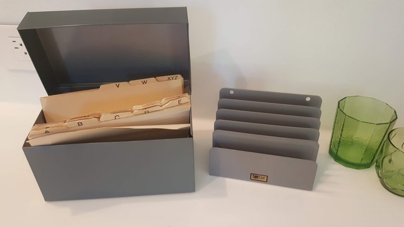 Set Of 2 Gray Metal Desk Organizers Large Filing Box Etsy