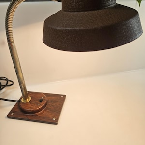 May include: A vintage brown desk lamp with a flexible, metallic gooseneck arm. The lamp features a textured, cone-shaped shade and a wooden base with a circular switch. The lamp is designed for focused lighting.