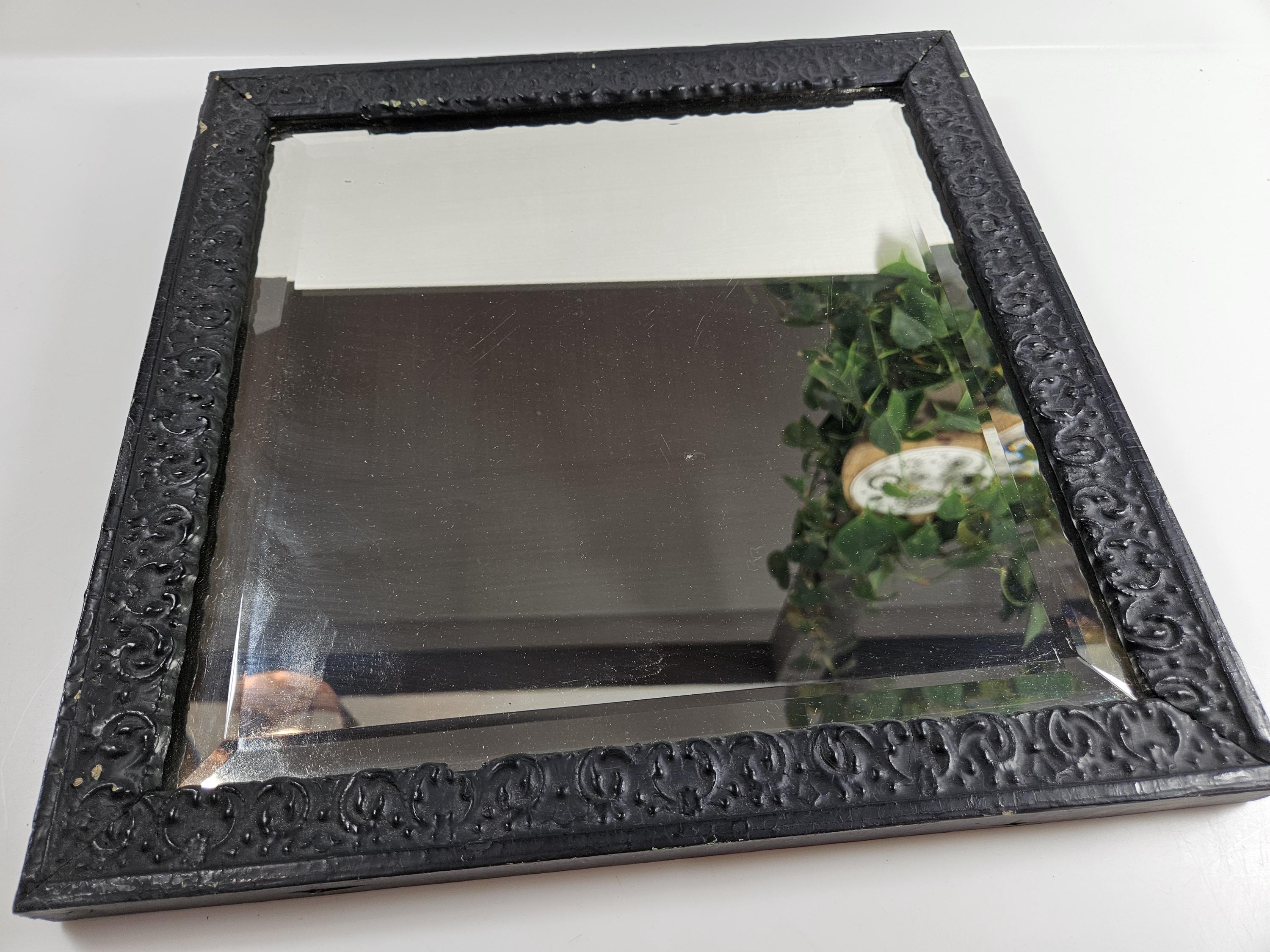 antique hanging black wall mirror, beveled edge // tarnished and worn patina // 13.75 inches square