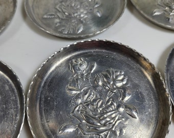 8 vtg aluminum embossed floral rose coasters, stacking