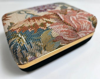 vtg small jewelry box, velour and tapestry cloth // 4.5 x 3.5 x 2 inches // travel box