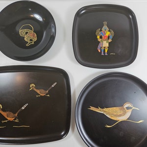 vtg Couroc tray, several choices // birds, mushrooms, ceremonial attire