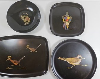 vtg Couroc tray, several choices // birds, mushrooms, ceremonial attire