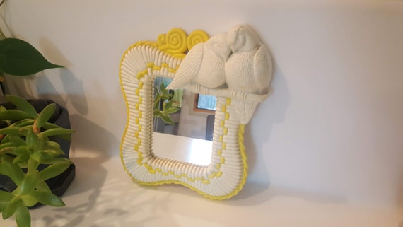 Vintage Small Decor Mirror Two Birds Off White And Yellow Vintage Small Decor Mirror Two Birds