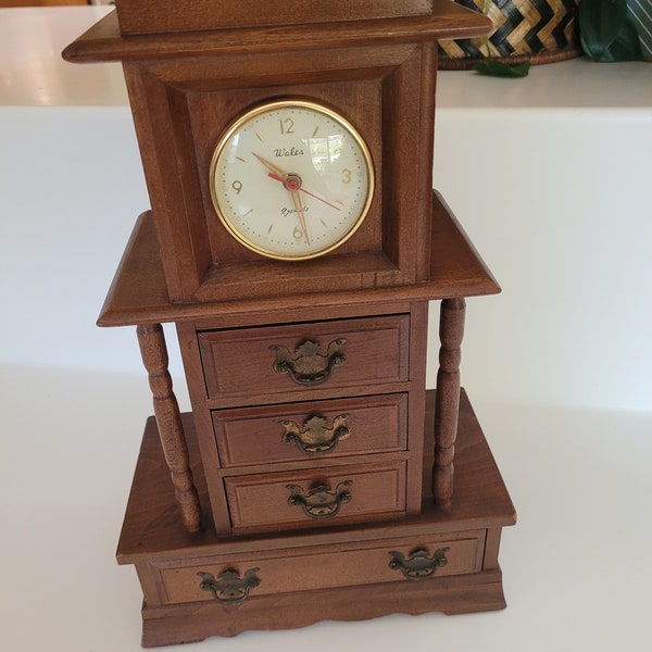 vtg wood jewelry/treasure box chest of drawers with clock // blue velour interior // 15 x 9 x 5 inches // made in Japan, clock face 'Wales'