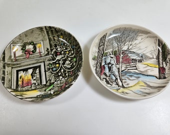 2 vtg Christmas and Winter Scene butter pat dishes // Johnson Bros, England // 4 inches diameter