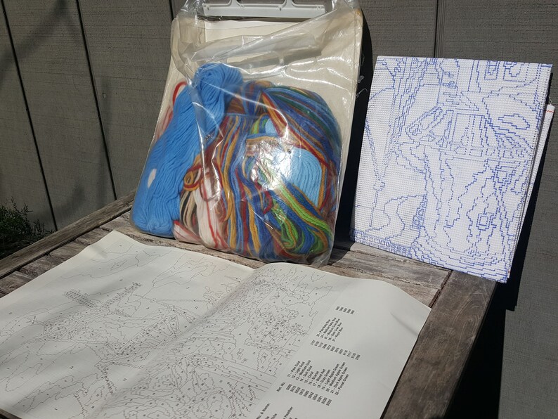 vintage needlepoint kit 24 x 20 inch 1560 Windmills Columbia-Minerva Bob Miller 1973 Dutch Holland tulips boats water windmill