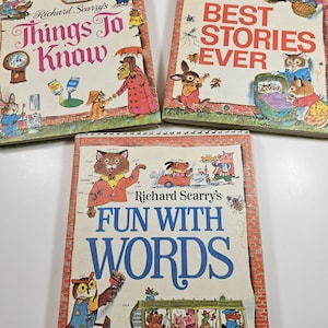 May include: Three vintage Richard Scarry children's books. Titles include "Things To Know", "Best Stories Ever", and "Fun With Words". The covers feature colorful illustrations of anthropomorphic animals and text. The books are set against a brick wall background.