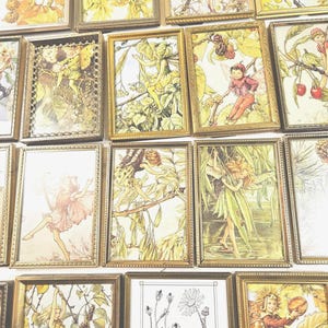 May include: A collection of rectangular wall art prints featuring vintage-style fairy illustrations in gold-toned frames. The images display various winged figures interacting with botanical elements like flowers, berries, and leaves in soft yellow and green tones.