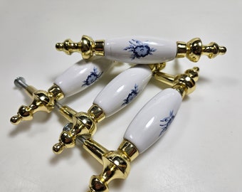 4 porcelain and brass drawer pulls, 3 inches screw center to screw center // cream and gold French Provincial handle