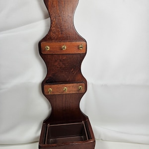 vtg Wood Wall Organizer with hooks and bowl //  Catch all valet, 16 inches tall // Manchester Wood, handmade in Vermont