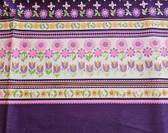 1.75 yards x 1 yard vintage 1960s fabric, hot pink daisies on dark purple background