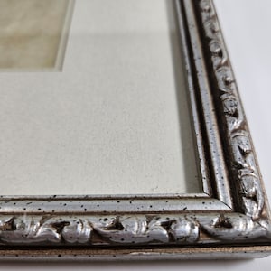 vtg silver carved wood picture frame for 13 x 8 inch art, wall hanging // also has matte for 8 x 3.5 inch art