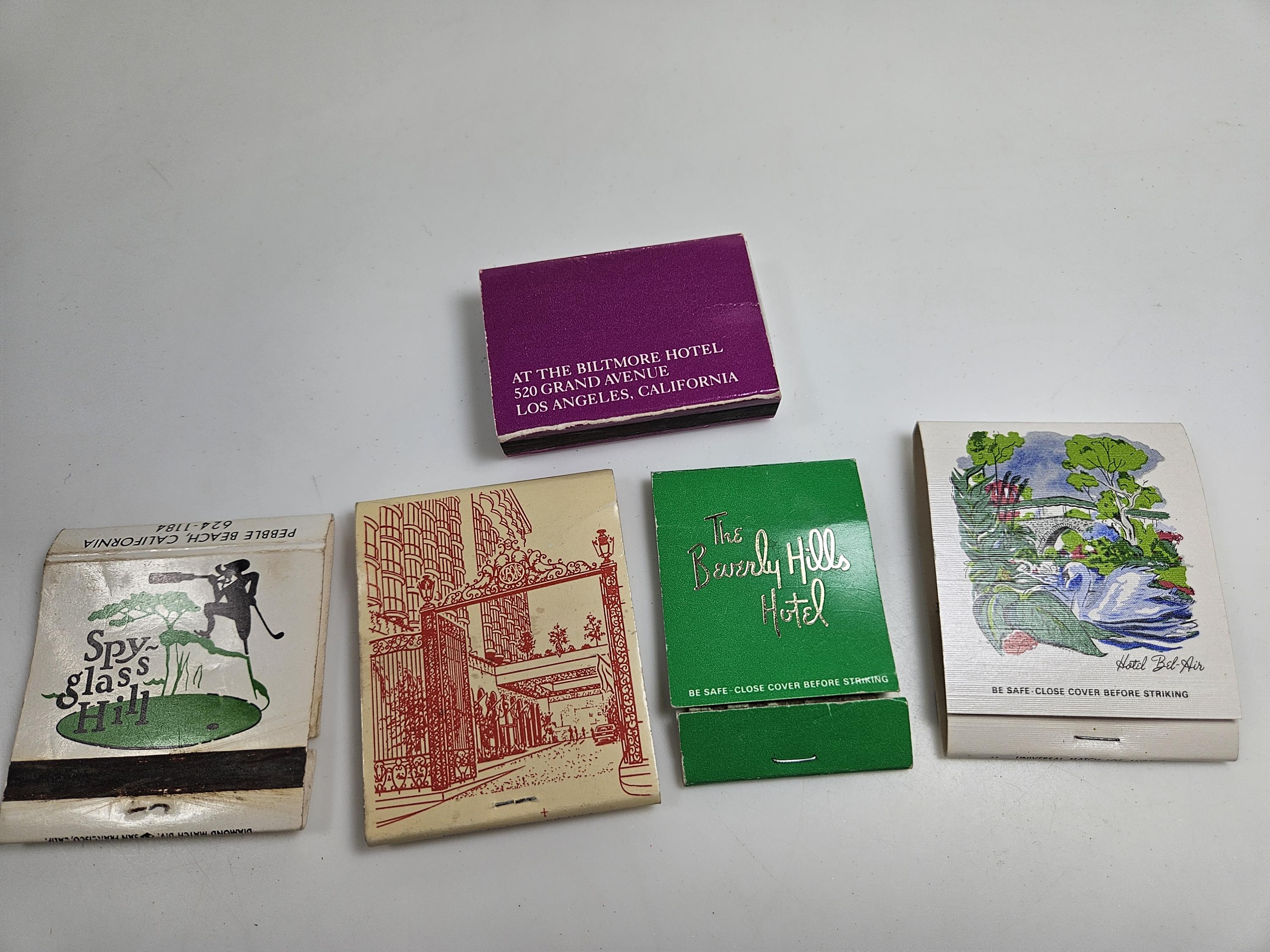 5 vtg matchbooks, famous Los Angeles hotels + Pebble Beach golf course // Hotels Bel-Air, Biltmore, Beverly Hills, and Beverly Wilshire