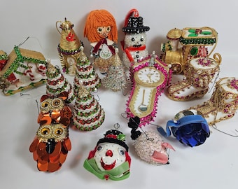 17 handmade pin art sequin & ribbon Christmas ornaments