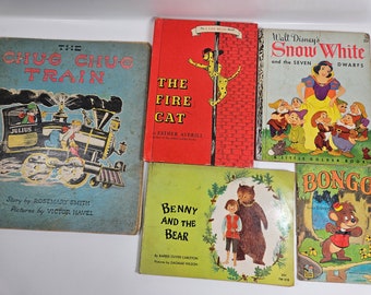 lot of 5 vintage children's books // Bongo, The Fire Cat, Benny & the Bear, Snow White, and The Chug Chug Train