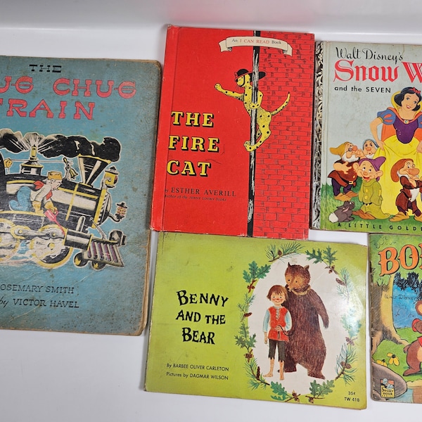 lot of 5 vintage children's books // Bongo, The Fire Cat, Benny & the Bear, Snow White, and The Chug Chug Train