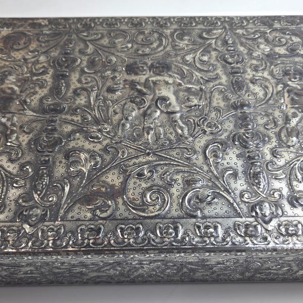 large vtg tin box, made in West Germany, cherubs and flowers // 12 x 9 x 3 inches // tarnished, rusty patina