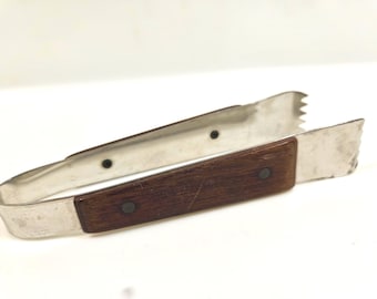 vtg small stainless and wood tongs, 5.75 inches long // ice bucket tongs