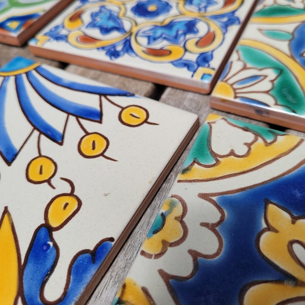 8 hand-painted terra cotta tiles, 3.9 inches square // hand made in Tunisia / each is unique pattern