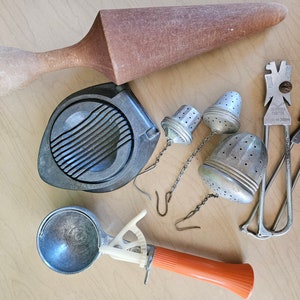 8 piece vtg kitchen utensil lot // wood masher, ice cream scoop, 3 tea strainers, egg slicer, 2 blade sharpeners