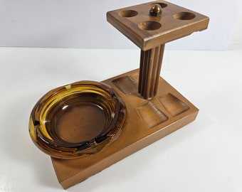 vtg Mid Century wood Pipe Stand with glass ashtray // holds 4 pipes