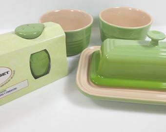 for choice - unused Le Creuset stoneware ombre green  items // choose butter dish, salt and pepper shaker set, or two bowls