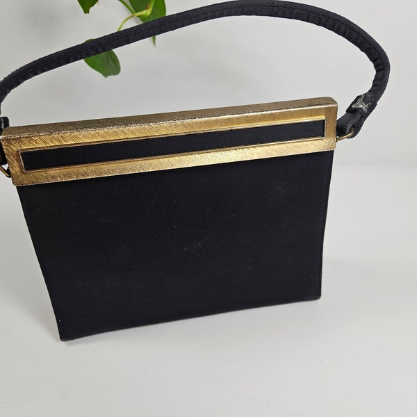 vtg 1950s black handbag, After Five brand // connected coin purse inside // made in USA // 8 x 7" // Mid Century evening bag