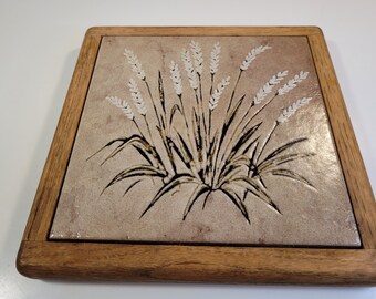 vintage large trivet, Grasses, Grains motif // 9.5 inches square // ceramic tile and wood 1980s