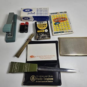 lot of vtg office supplies // stapler, staples, letter opener, notepads, thumb tacks, pencil leads, pens