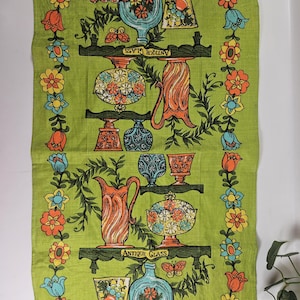 Vtg 1970s linen tea towel, floral and glassware // lime green, orange, turquoise // 28 x 16 inches