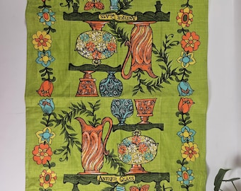 Vtg 1970s linen tea towel, floral and glassware // lime green, orange, turquoise // 28 x 16 inches