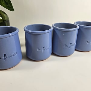 4 vtg enameled terra cotta French yogurt cups // La Fermiere // periwinkle blue // 3 x 2.5 inches