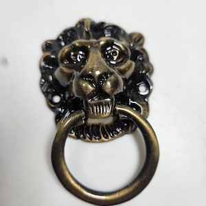 May include: A bronze-colored lion head door knocker with a ring handle. The lion's face has detailed features, including a mane, eyes, nose, and mouth. The ring handle is attached to the lion's mouth. The door knocker is made of metal.