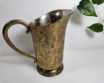 vtg brass pitcher vase, etched pattern // 6.75 inches tall