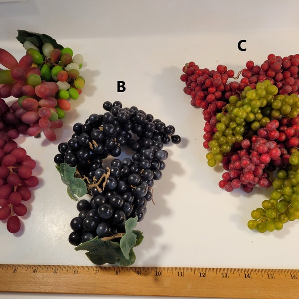 vintage colorful collection of Artificial Grapes bunches, 3 choices // mid century display Fruit Still Life // Rubber Grapes Plastic Grapes