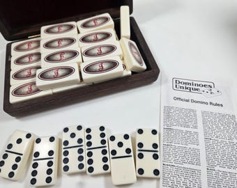 vtg big 6 dominoes set in wood box, monogrammed "J" or "g" // Dominoes Unique, Waco, Texas