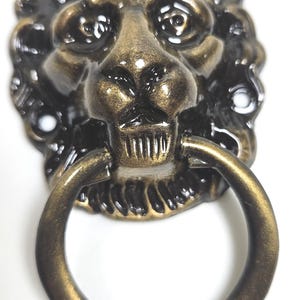 May include: A brass-toned metal door knocker featuring a detailed lion head design with a circular ring held in the lion's mouth. The finish has a dark, antiqued patina with highlights on the raised features of the mane and facial structure.