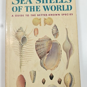 May include: Vintage book cover titled "Sea Shells of the World" with illustrations of various seashells. The cover is a light beige color with teal and black text. The book is a Golden Nature Guide.