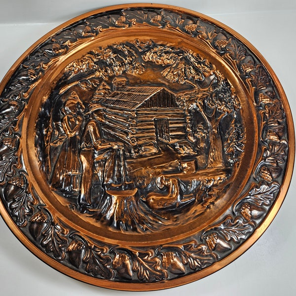 Huge metal wall hanging platter, couple at their cabin with dog scene // 20 inches diameter